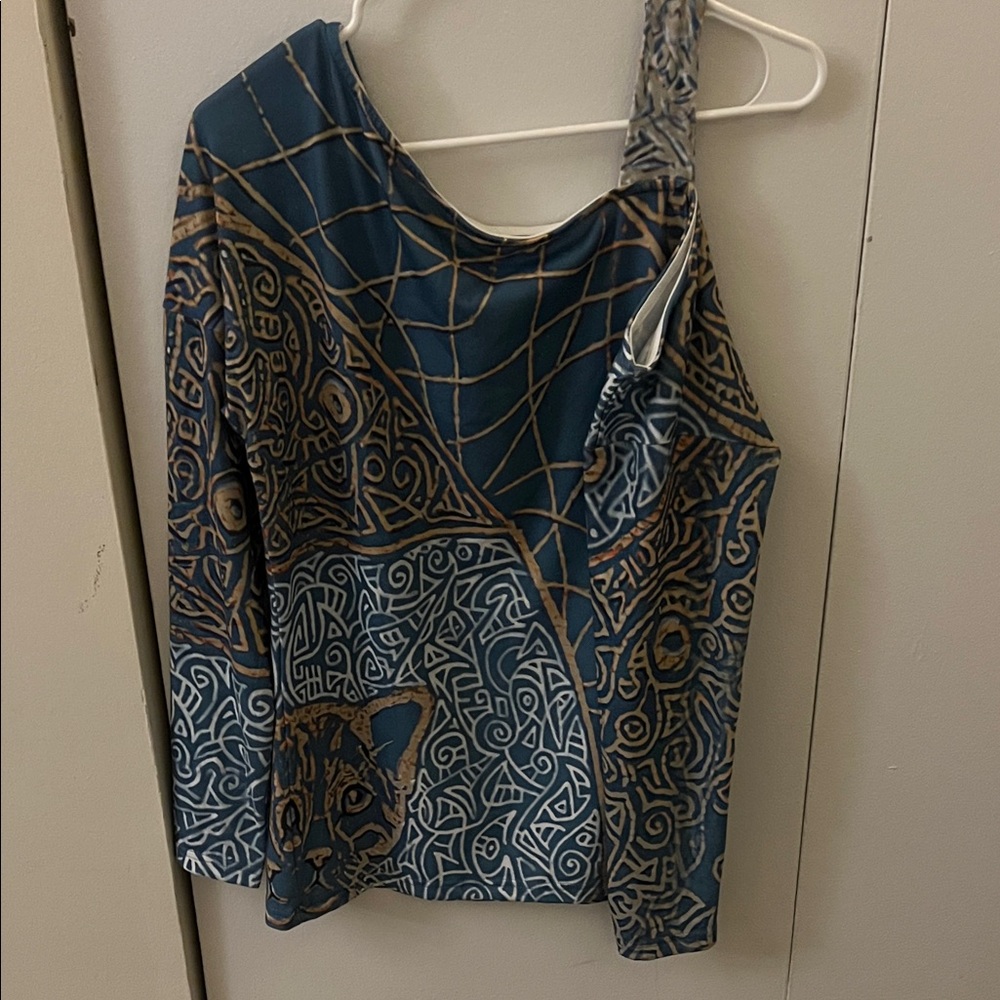 Blue and Tan One-Shoulder Top with Abstract Design